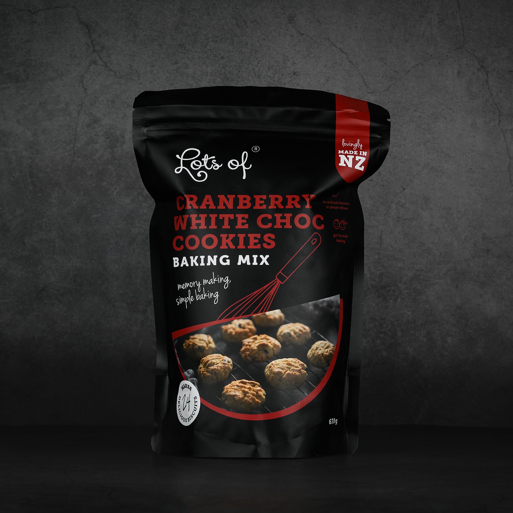 Cranberry White Chocolate Cookies Baking Mix 5 Lots of Baking Mixes Cranberry White Chocolate Cookies Baking Mix pouch, New Zealand made baking mix for homemade cranberry and white chocolate cookies.