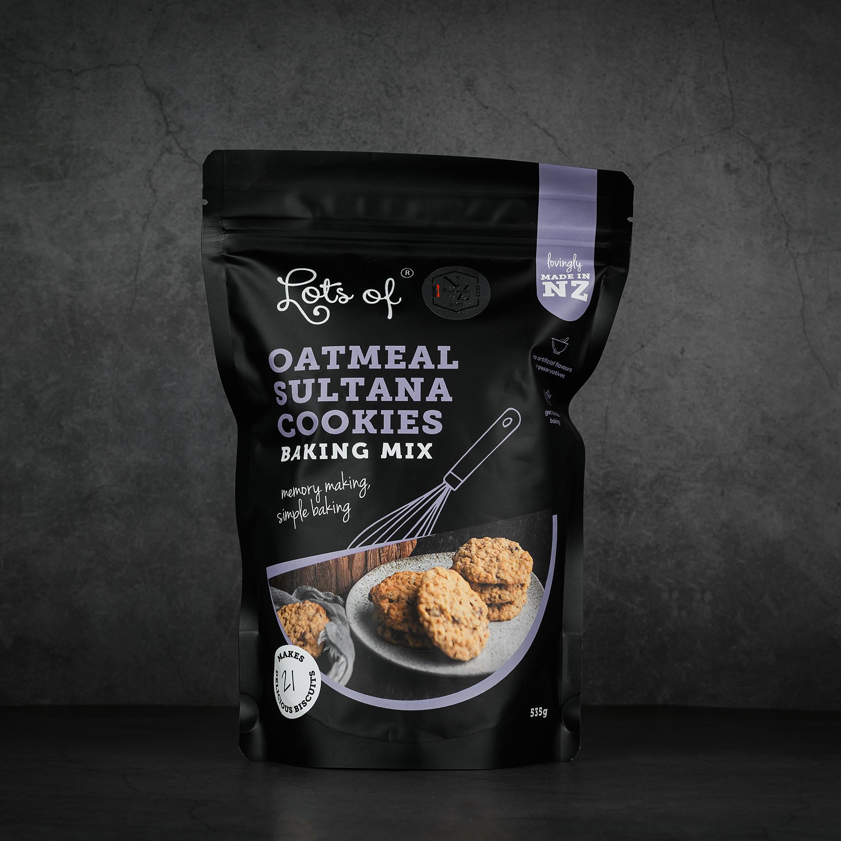 Oatmeal Sultana Cookies Baking Mix 4 Lots of Baking Mixes Oatmeal and Sultana Cookies Baking Mix pouch, New Zealand made baking mix for homemade oatmeal cookies.